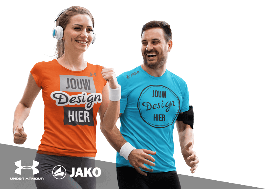 Sportkleding zelf ontwerpen - Twee jongeren joggen in bedrukte sportkleding